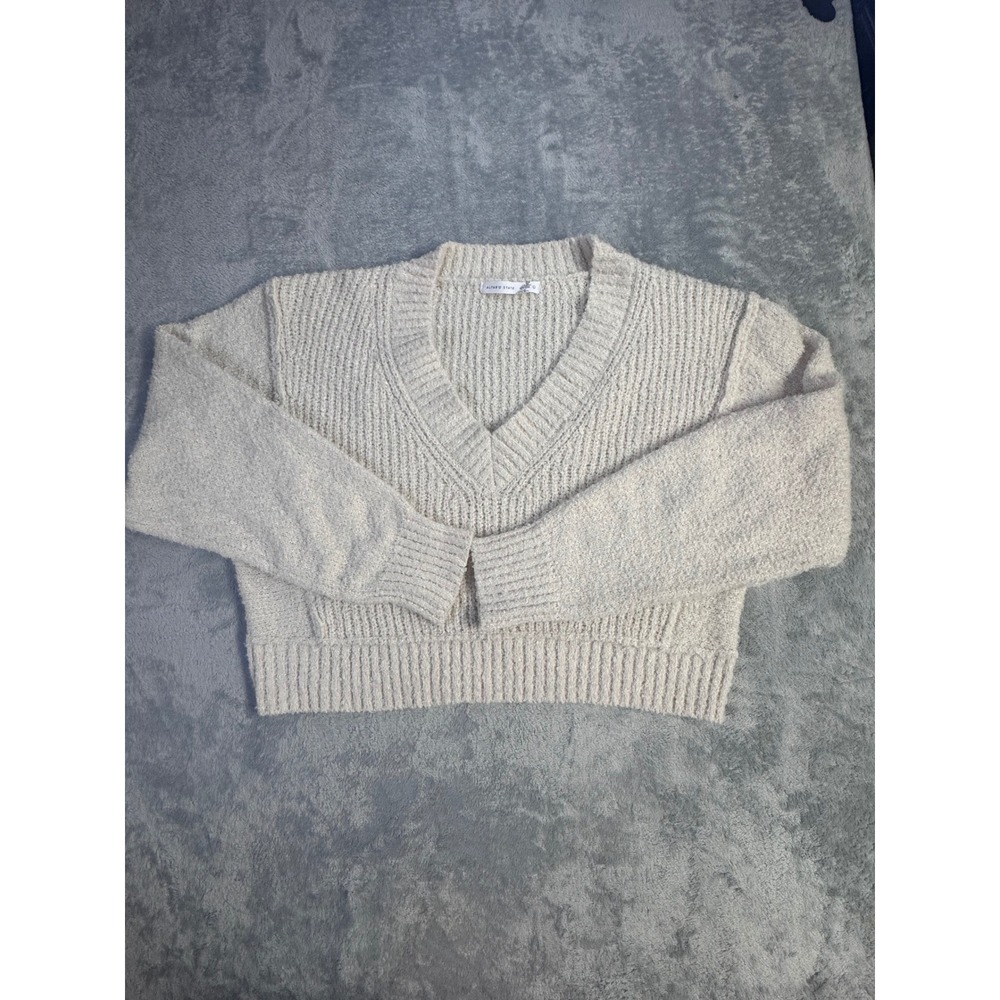 Altar'd State Cream Ribbed Knit V-Neck Sweater Large Ivory Cropped Pullover